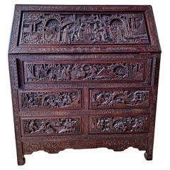 Magnifique bureau-secrétaire asiatique en palissandre sculpté à l'ancienne