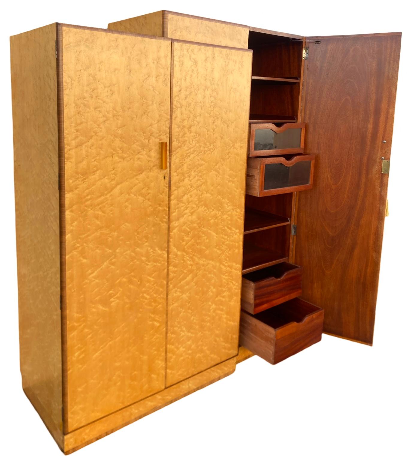 Birdseye Maple Beautiful Asymetric Art Deco Triple Wardrobe with Royal Provenance For Sale