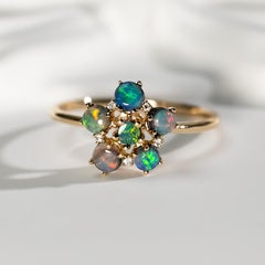 Beautiful Australian Black Opal Flower Ring with Diamonds in 14K Gold