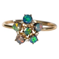 Beautiful Australian Black Opal Flower Ring with Diamonds in 14K Gold