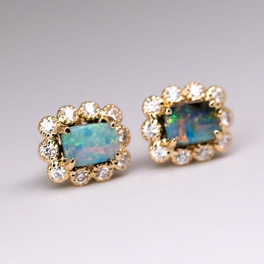 Artist Beautiful Australian Black Opal & Halo Diamond Stud Earrings 18k Yellow Gold For Sale
