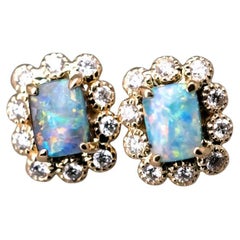 Beautiful Australian Black Opal & Halo Diamond Stud Earrings 18k Yellow Gold