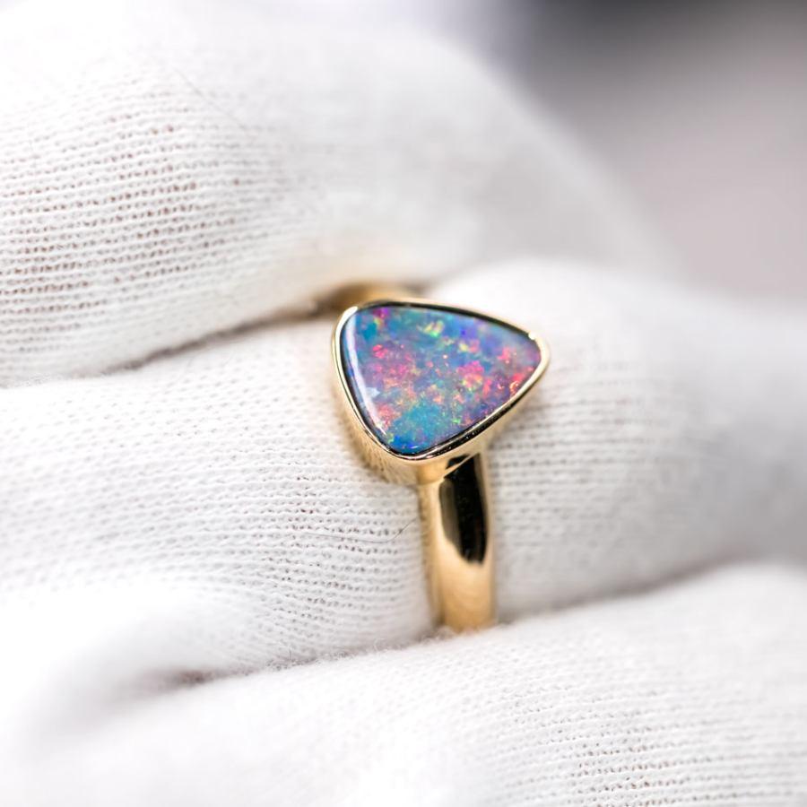 Arts and Crafts Beautiful Australian Doublet Opal Ring in 14K Yellow Gold