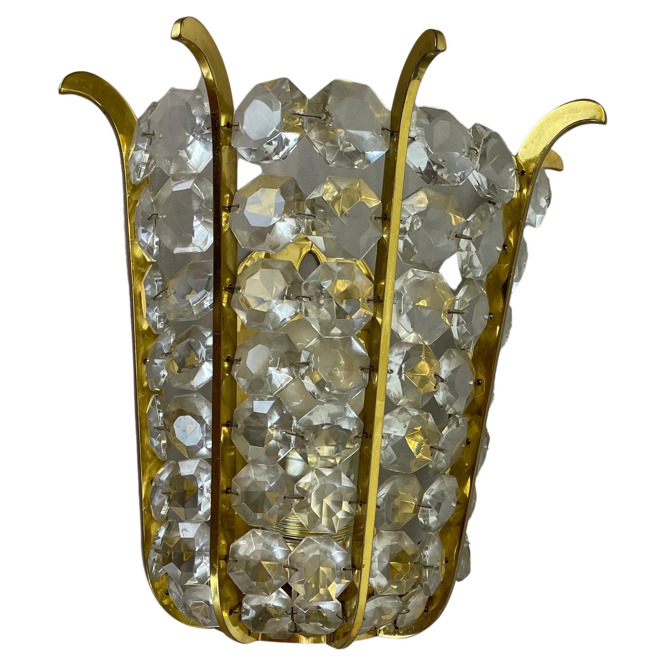beautiful Bakalowits Wall Light sconce Brass and Crystal Glass, Austria, 1950s