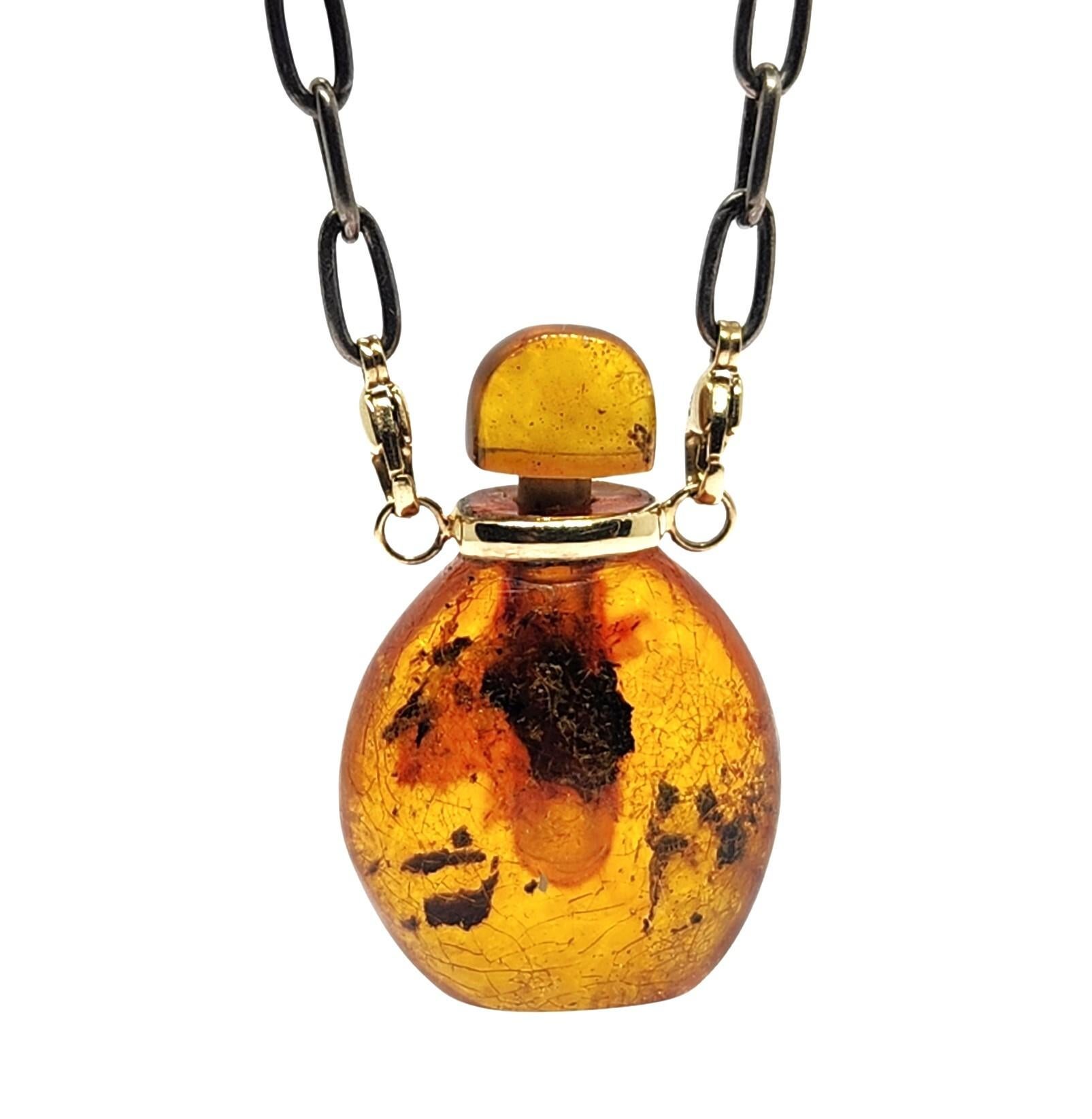 Contemporary Beautiful Baltic Amber small Perfume Bottle with Stopper Necklace in 14K Gold For Sale