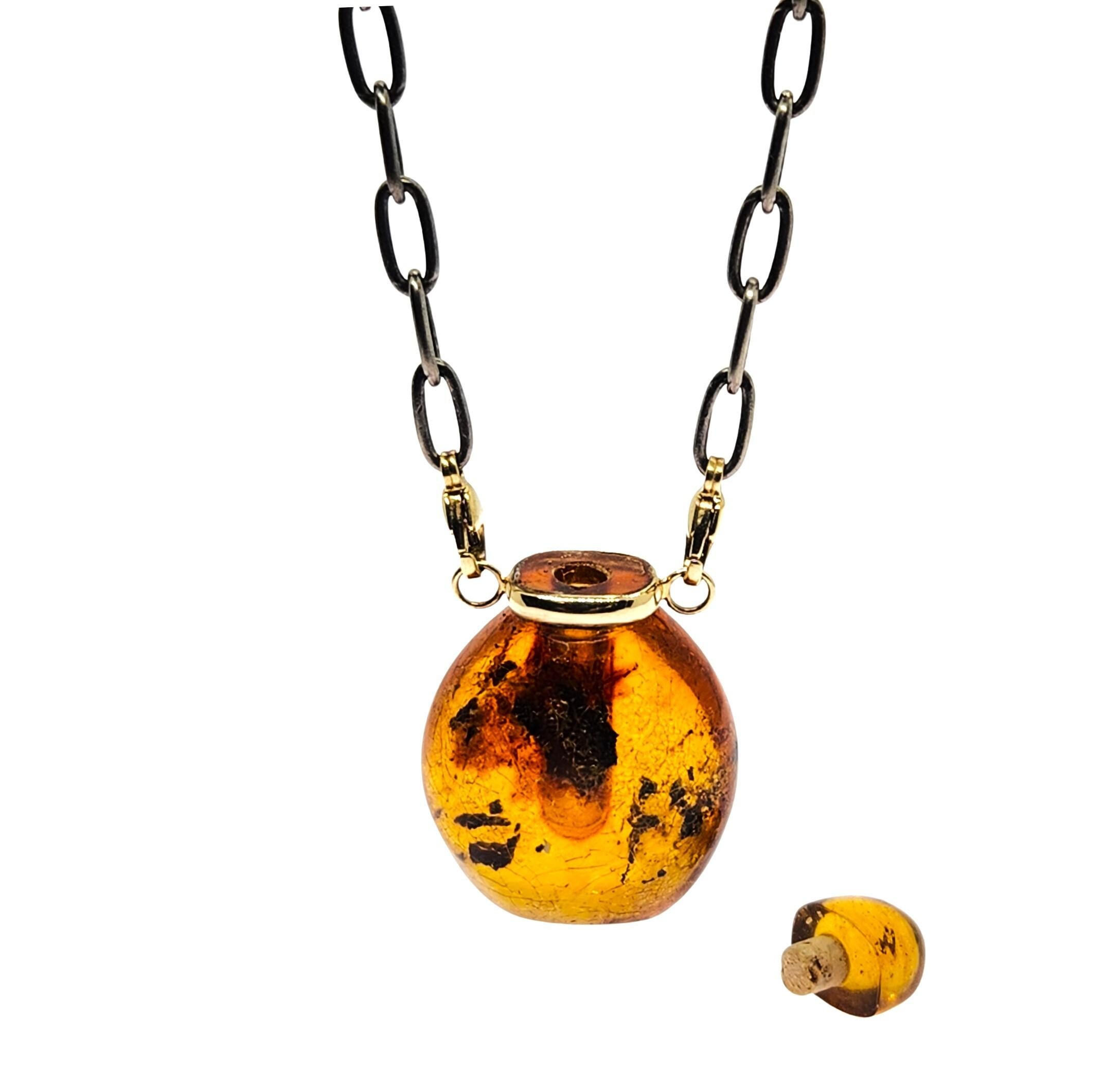 Uncut Beautiful Baltic Amber small Perfume Bottle with Stopper Necklace in 14K Gold For Sale