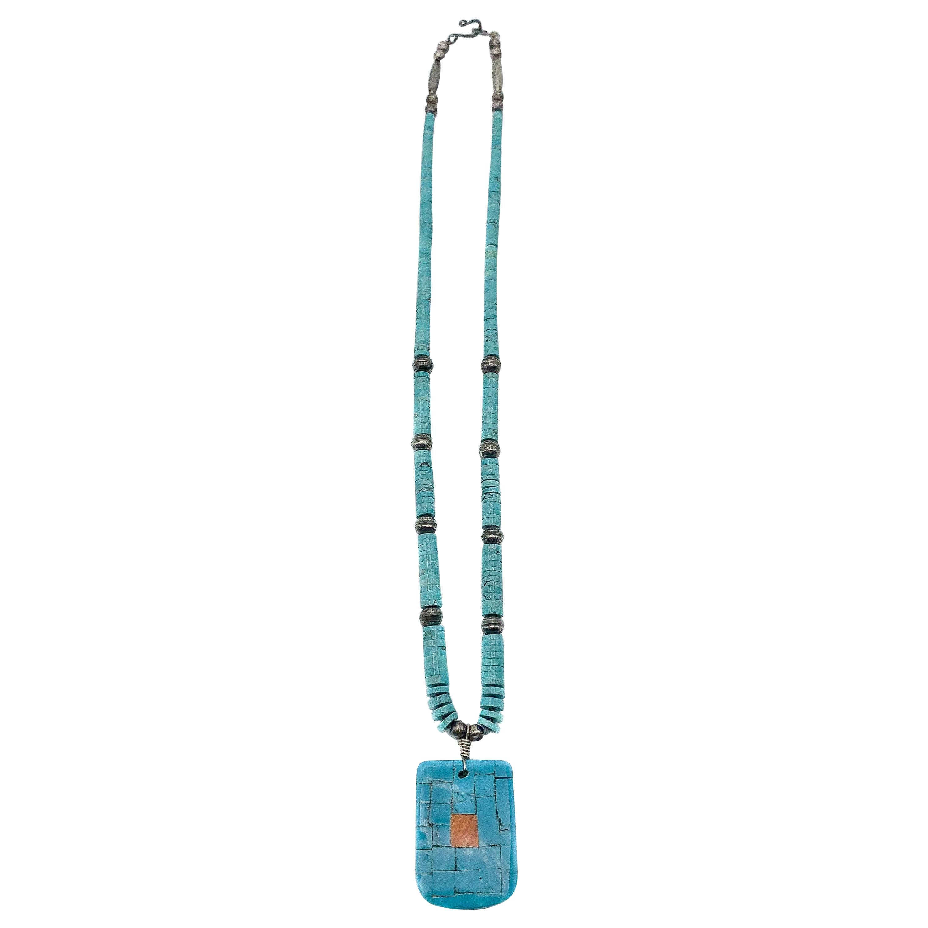 Beautiful Beaded Silver & Wood Necklace W/ Turquoise & Coral