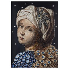 Precioso Lienzo Beatrice Cenci Micromosaico Diamante Blanco Topacio Oro Azabache