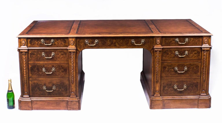 Beautiful Bespoke Victorian Style Burr Walnut Partners Pedestal Desk Null