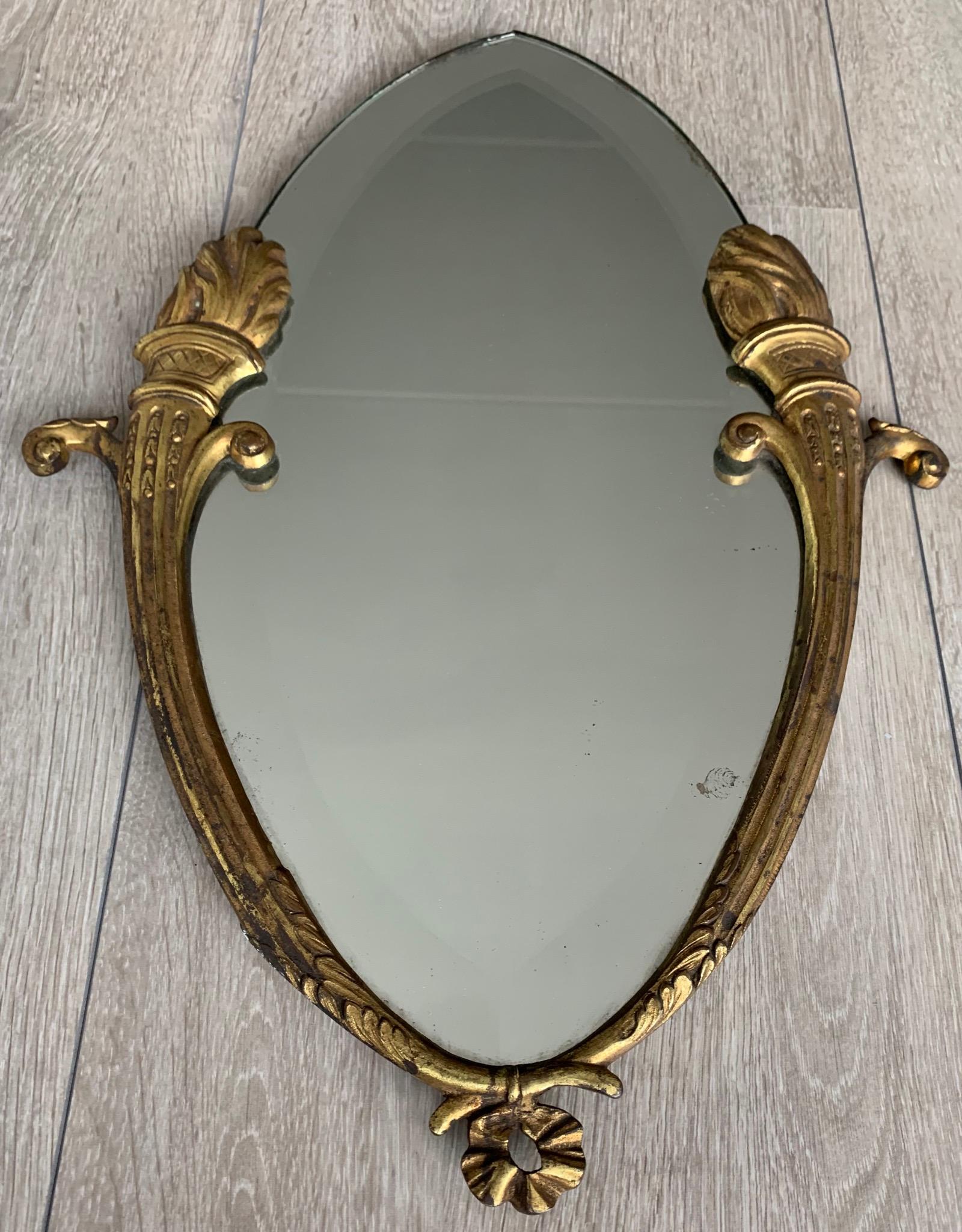 Classical Roman Beautiful & Beveled Wall Mirror in Gilt Bronze Frame w. Eternal Flame Torchères For Sale
