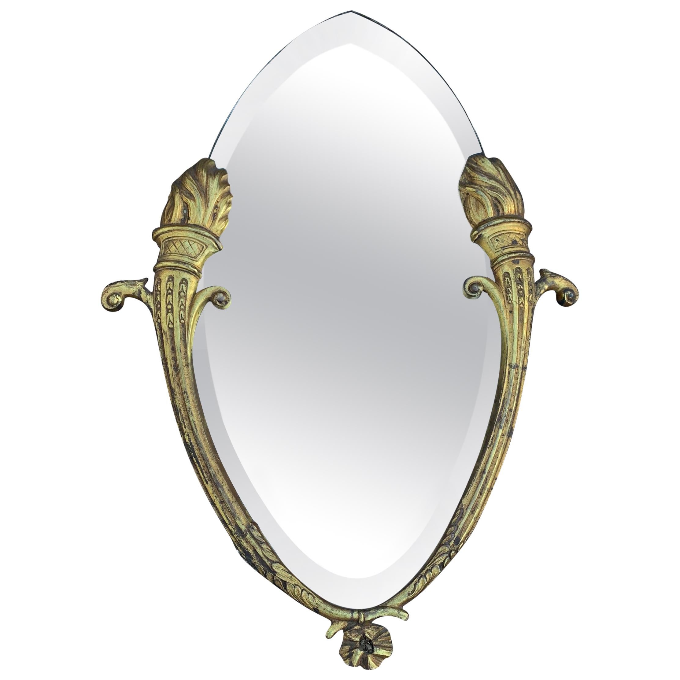 Beautiful & Beveled Wall Mirror in Gilt Bronze Frame w. Eternal Flame Torchères For Sale