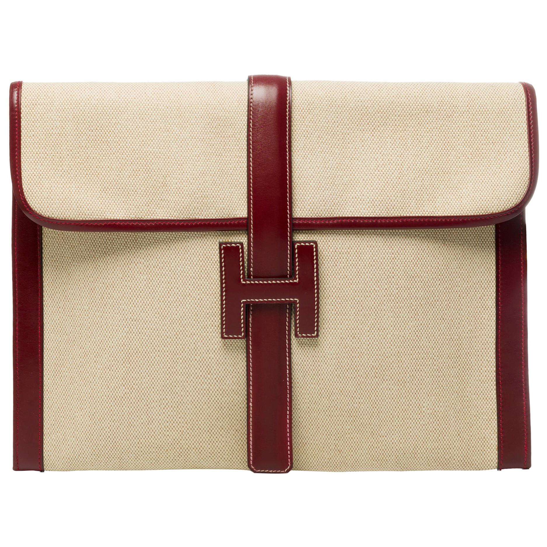 Beautiful bi-material Hermès "Jige" clutch large size in canvas & box leather