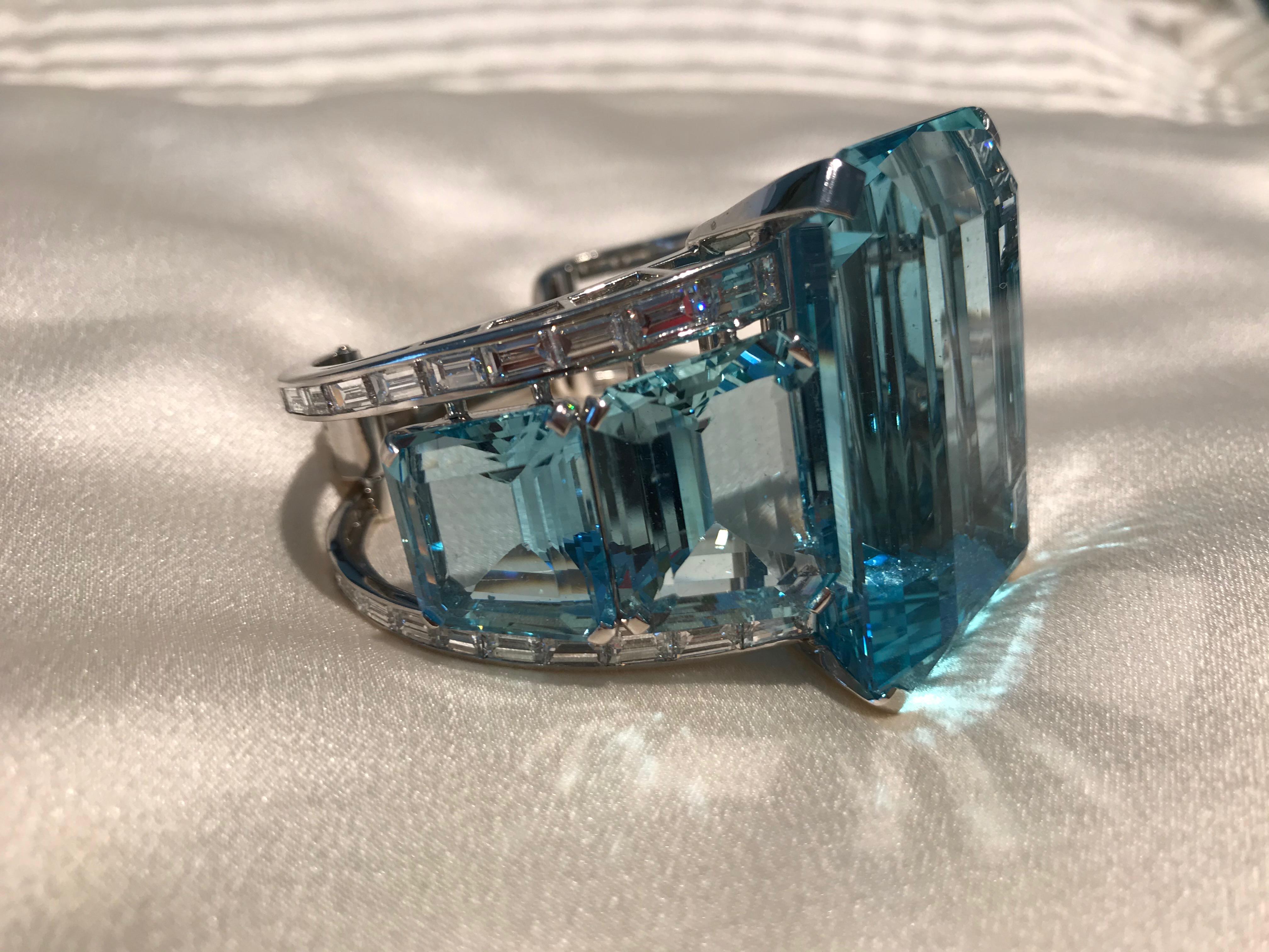 Important Aquamarine Diamond Platinum Cuff Bangle Bracelet, circa 1950 ...