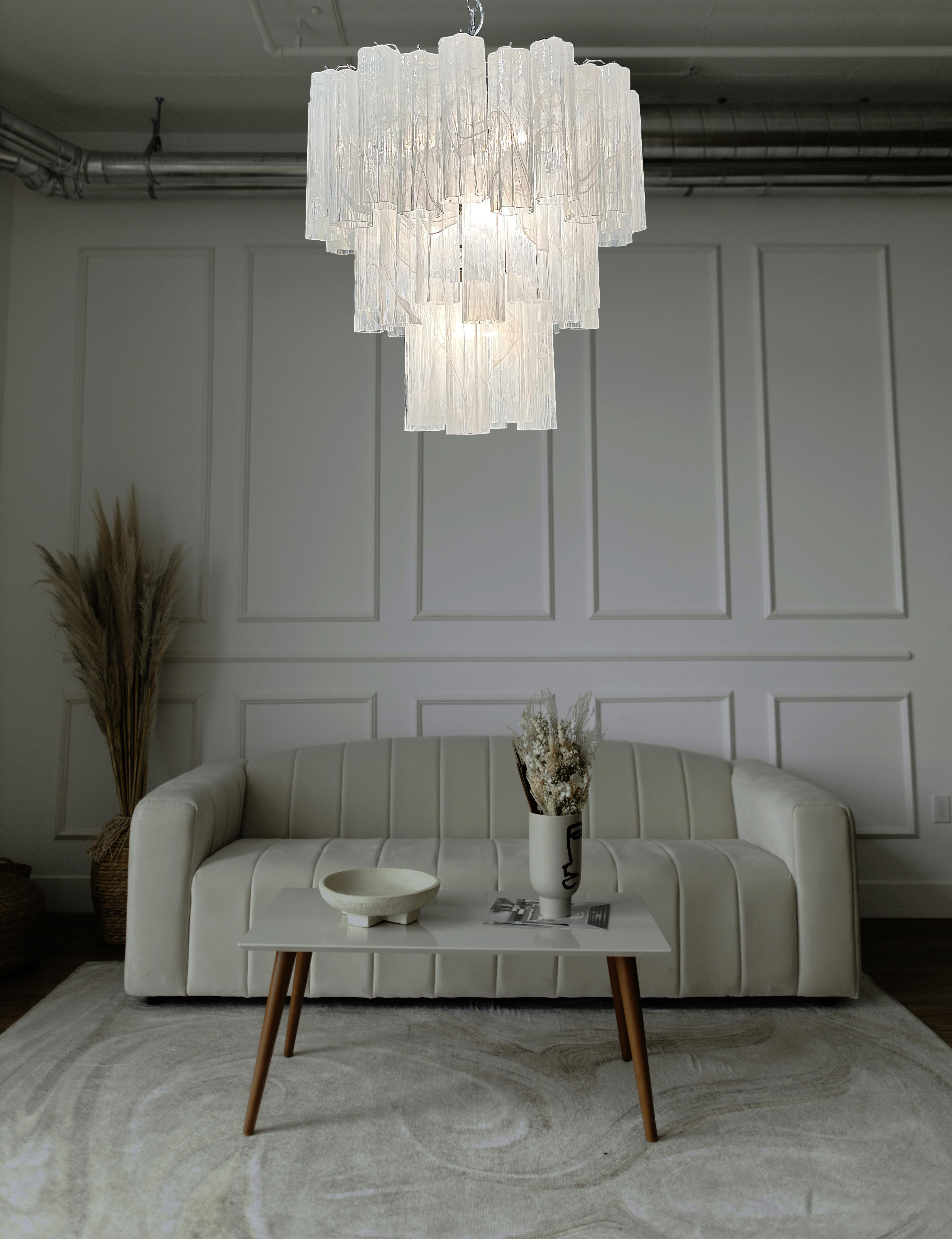 Beautiful Big Three-Tier Murano Glass Tube Chandelier, White Albaster For Sale 3