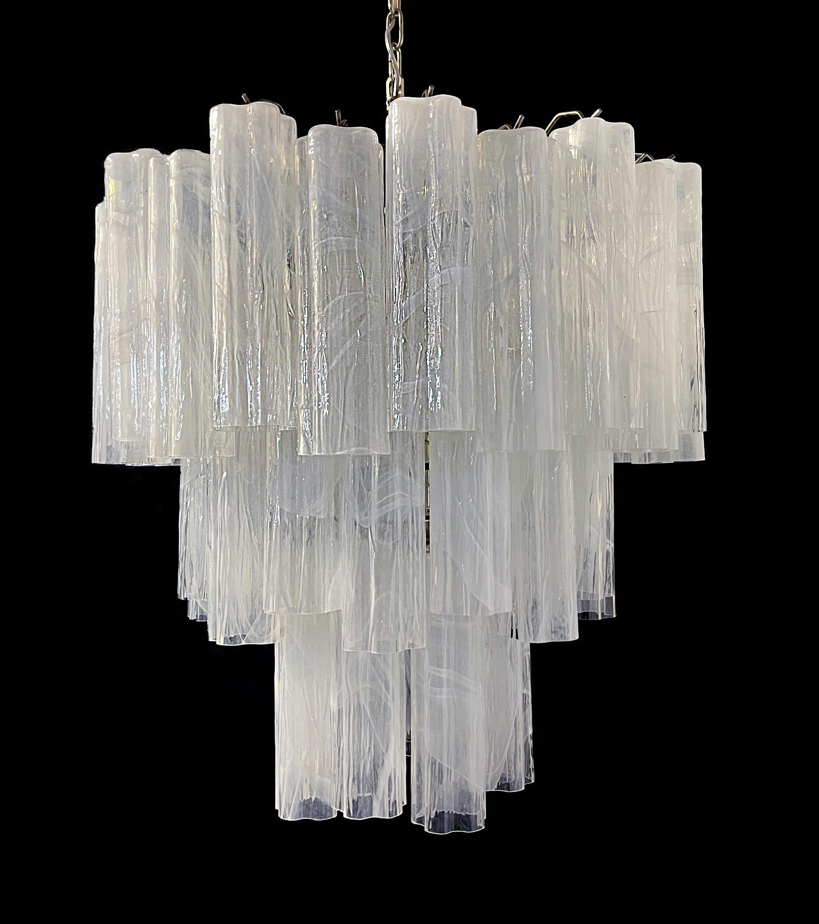 Italian Beautiful Big Three-Tier Murano Glass Tube Chandelier, White Albaster For Sale