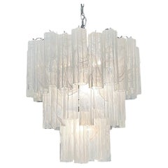 Vintage Beautiful Big Three-Tier Murano Glass Tube Chandelier, White Albaster