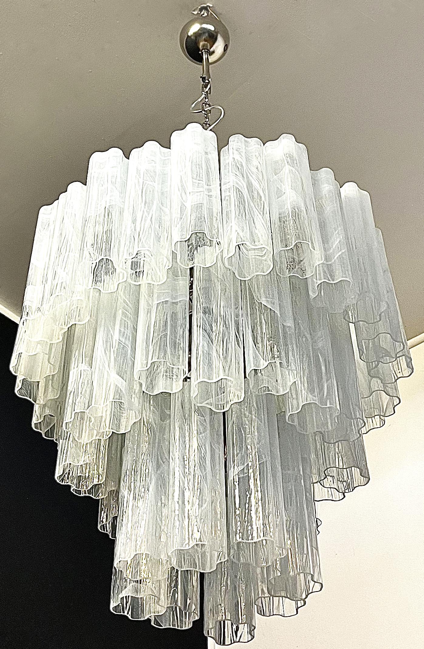 Beautiful Big Three-Tier Murano Glass Tube Chandeliers, White Albaster In Good Condition For Sale In Budapest, HU