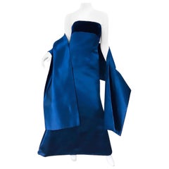 Beautiful Bill Blass Vintage Sz 6 / 8 Navy Blue Silk Satin 90s Gown + Shawl 
