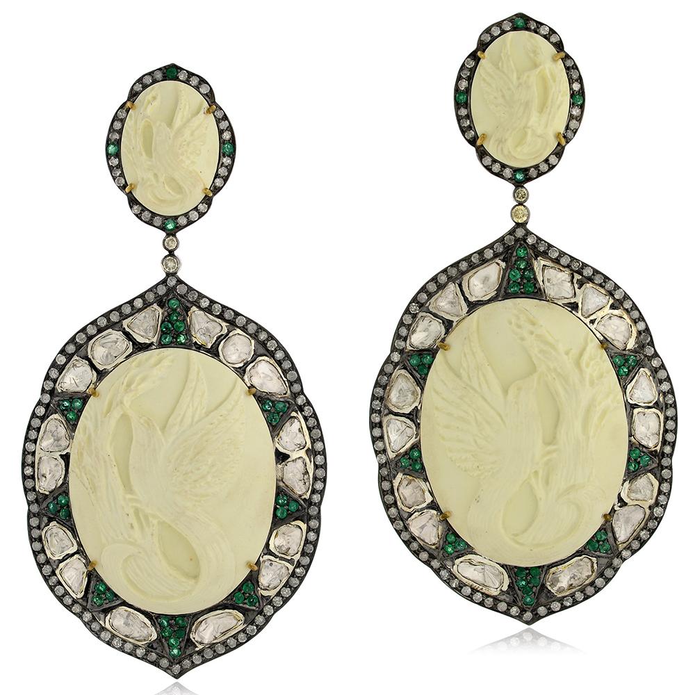 Art Nouveau Beautiful Bird Cameo Earring with Diamonds and Emeralds For Sale