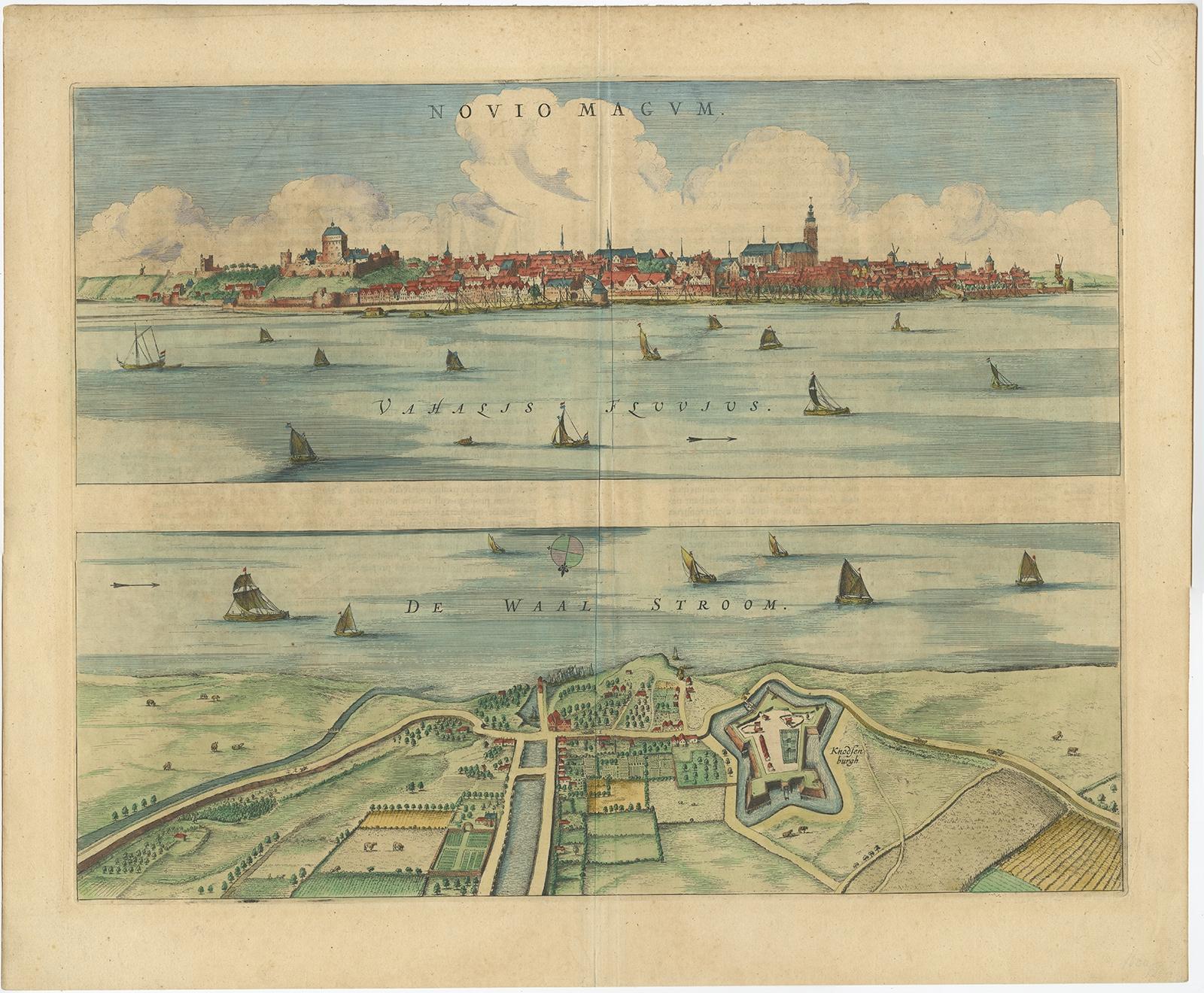 Antique print titled 'Novio Magum'. 

Two prints on one sheet. Beautiful birds-eye view of Nijmegen, the Netherlands. Lower print depicts a view of the Waal river and fort Knodsenburg. Originates from 'Novum Ac Magnum Theatrum Urbium Belgicae