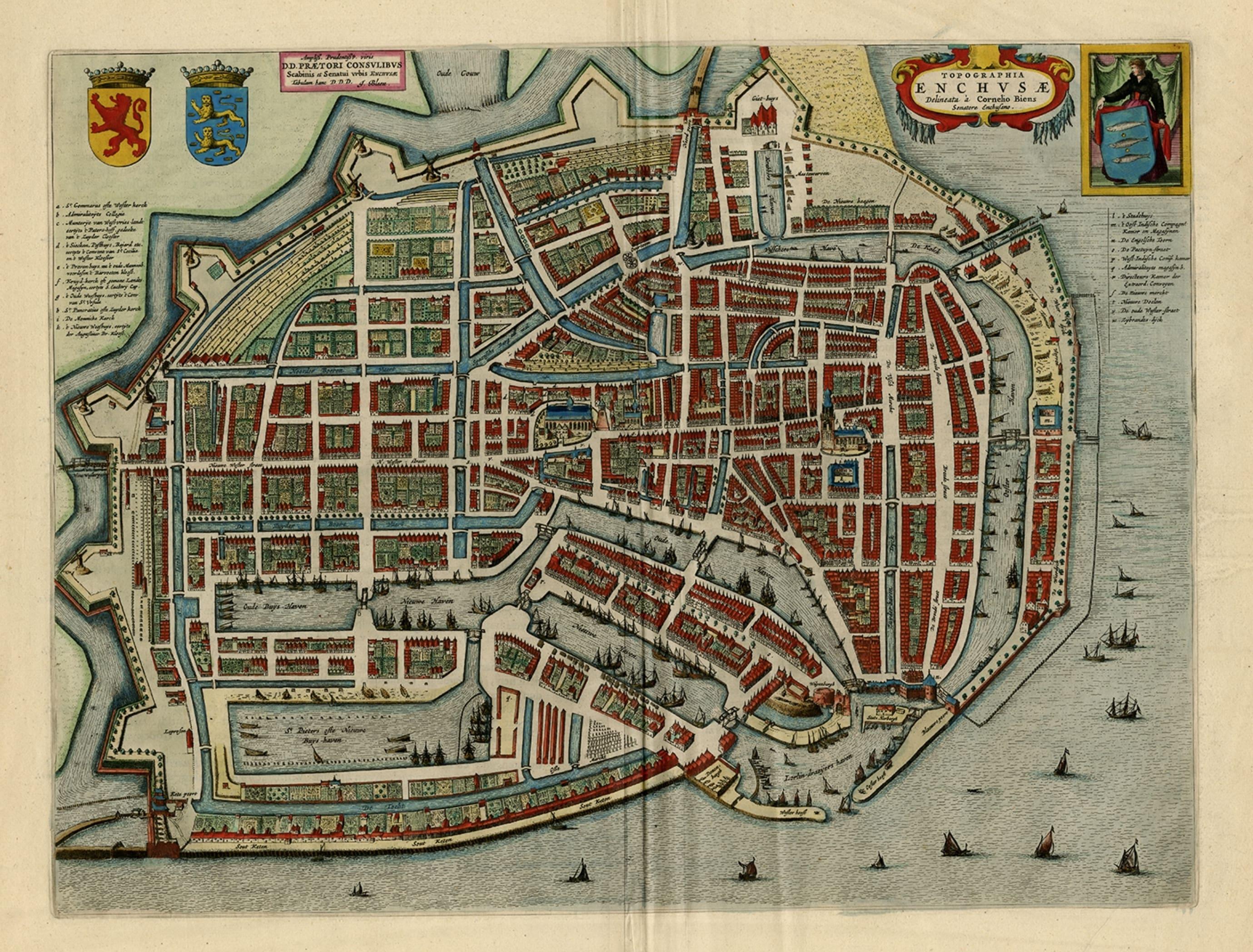 Magnifique plan d'une vue à l'œil d'oiseau d'Enkhuizen aux Pays-Bas par Blaeu, 1649 Bon état - En vente à Langweer, NL