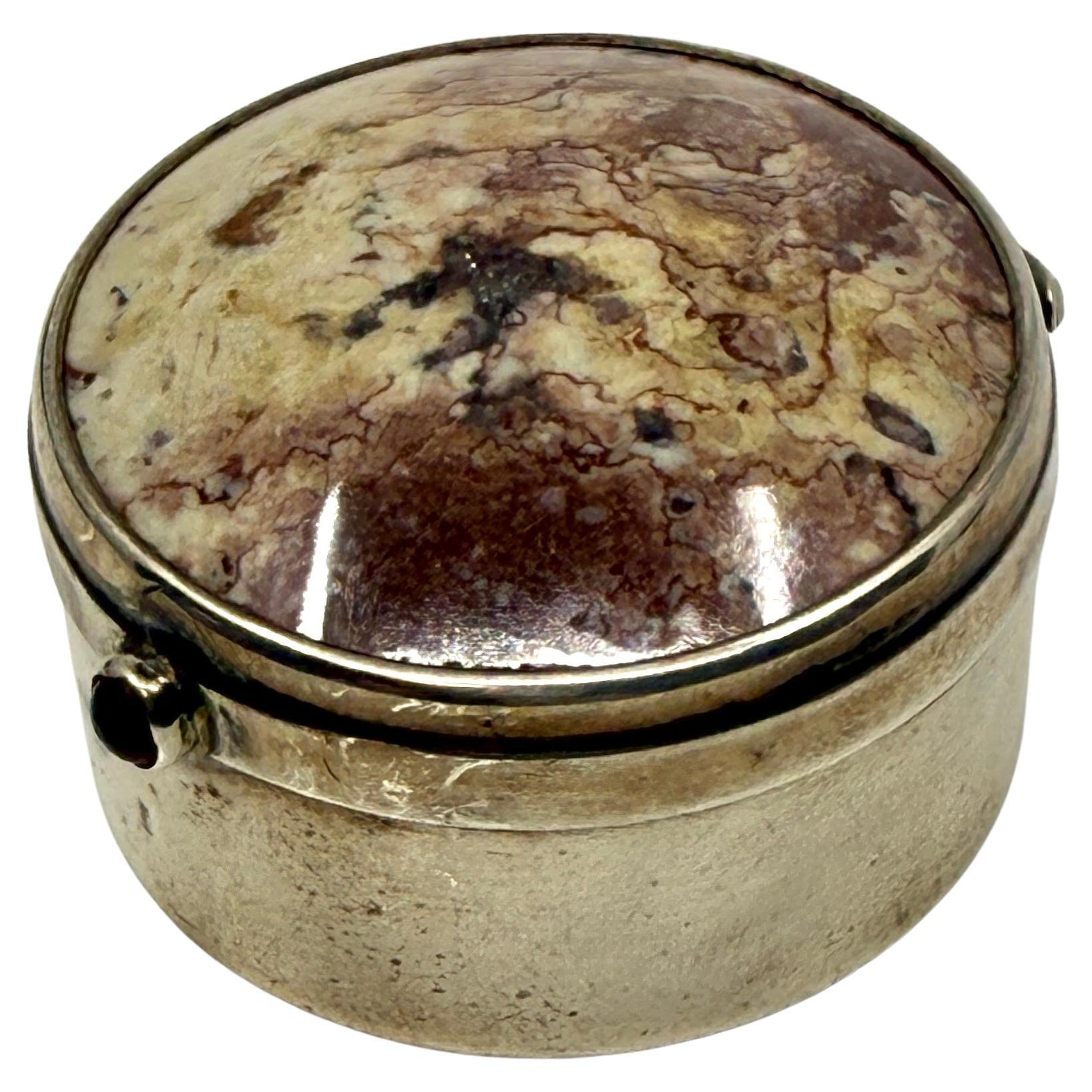 Beautiful Birmingham 1912 Sterling Silver, Agate & Cabochon Ruby? Pill Box For Sale