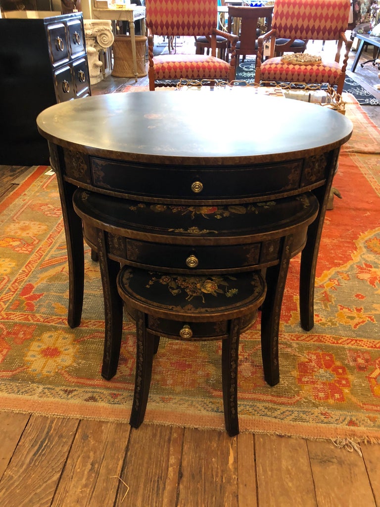 Beautiful Black and Hand Painted Oval Nesting Tables by Maitland Smith For Sale at 1stdibs