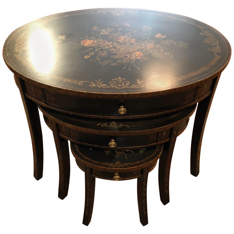 Beautiful Black and Hand Painted Oval Nesting Tables by Maitland Smith For Sale at 1stdibs