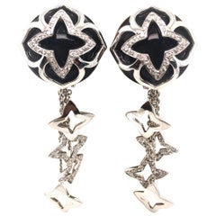 Beautiful Black Enamel and Diamond Flower Earrings Set in 18 Karat White Gold