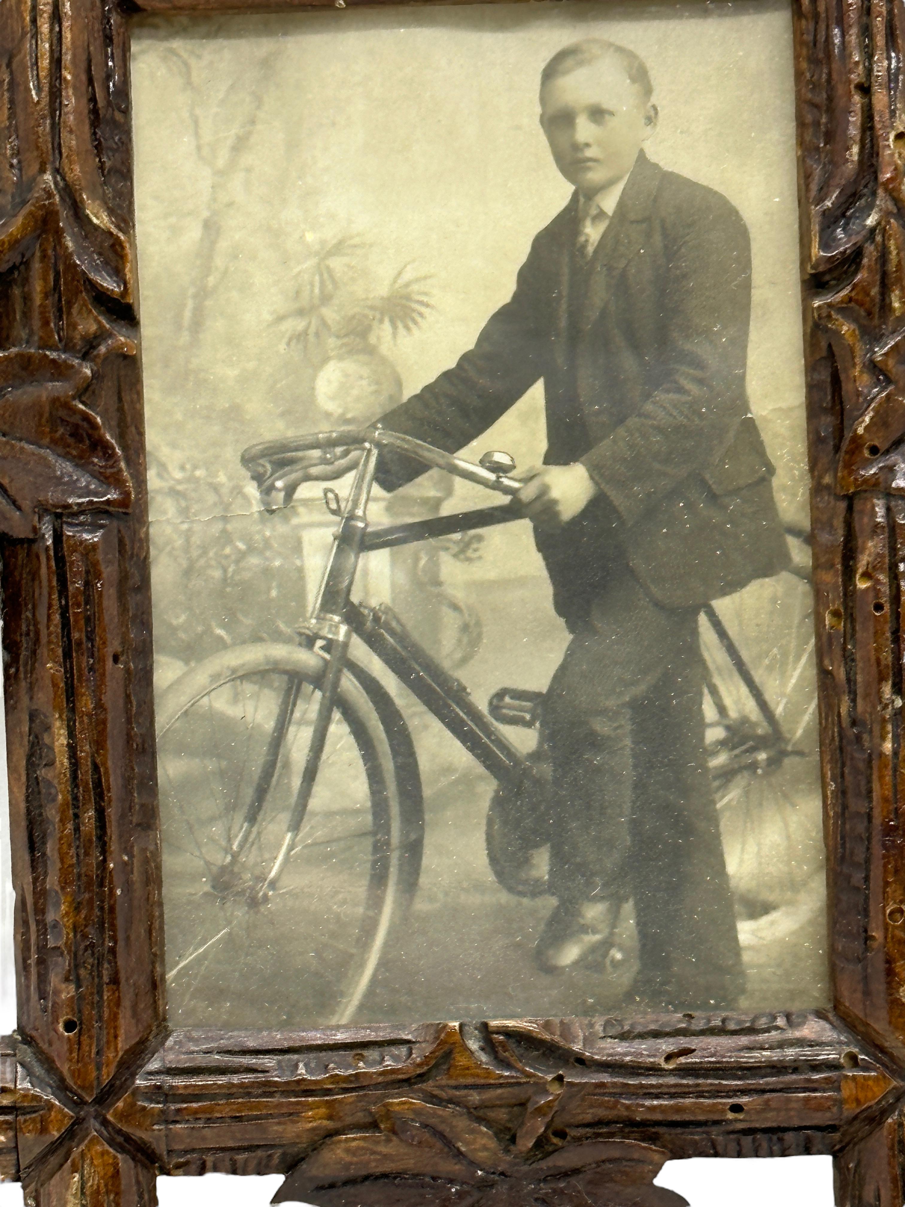 A lovely picture frame made of hand carved wood, made in Germany with a picture of a cyclist. Found at an estate sale in Nuremberg, Germany. It is not marked. A nice addition to your collection. It is in very good as found condition. Picture size