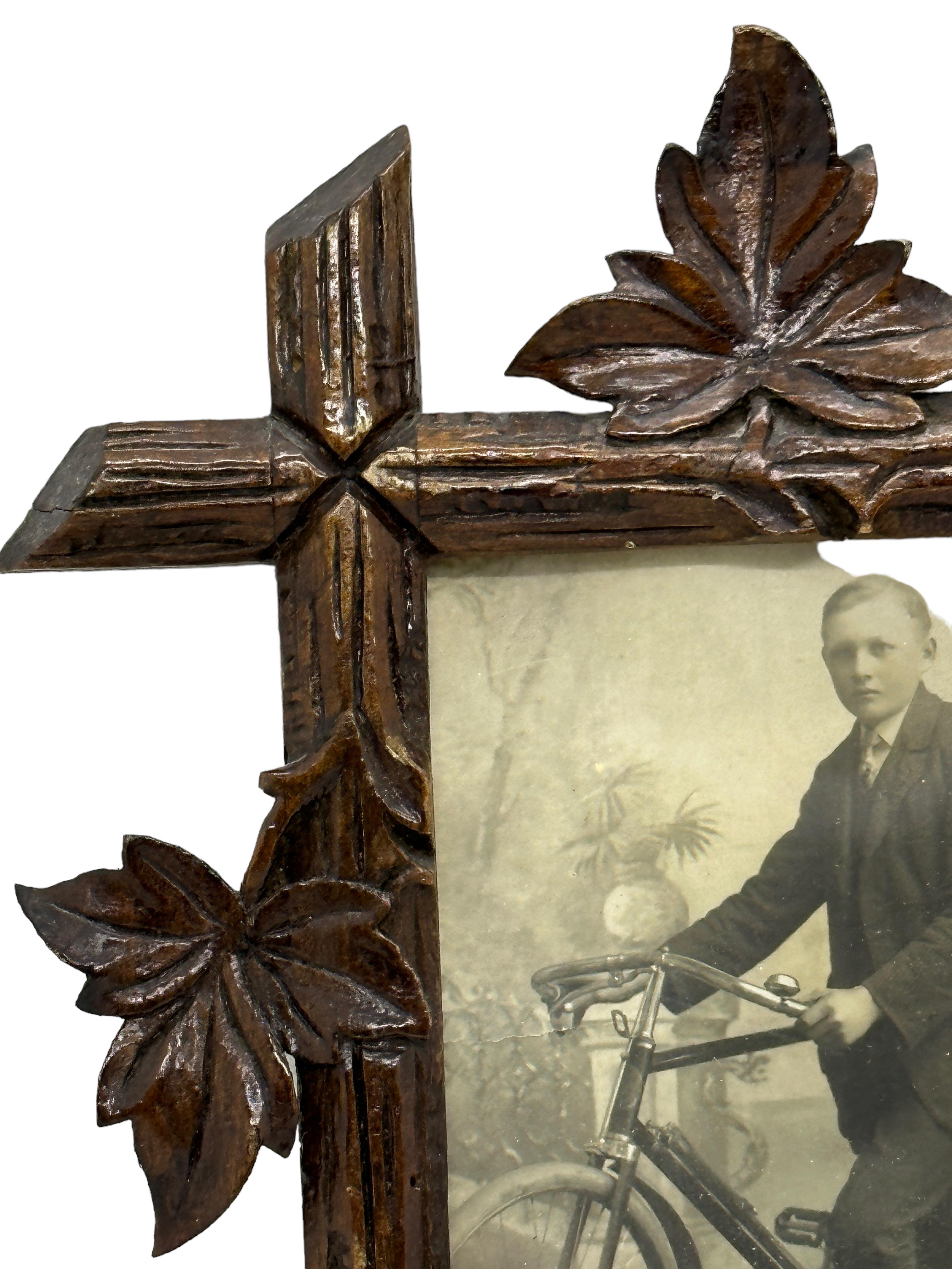 German Beautiful Black Forest Frame Antique Folk Art with Cyclist Picture Photo, 1900s