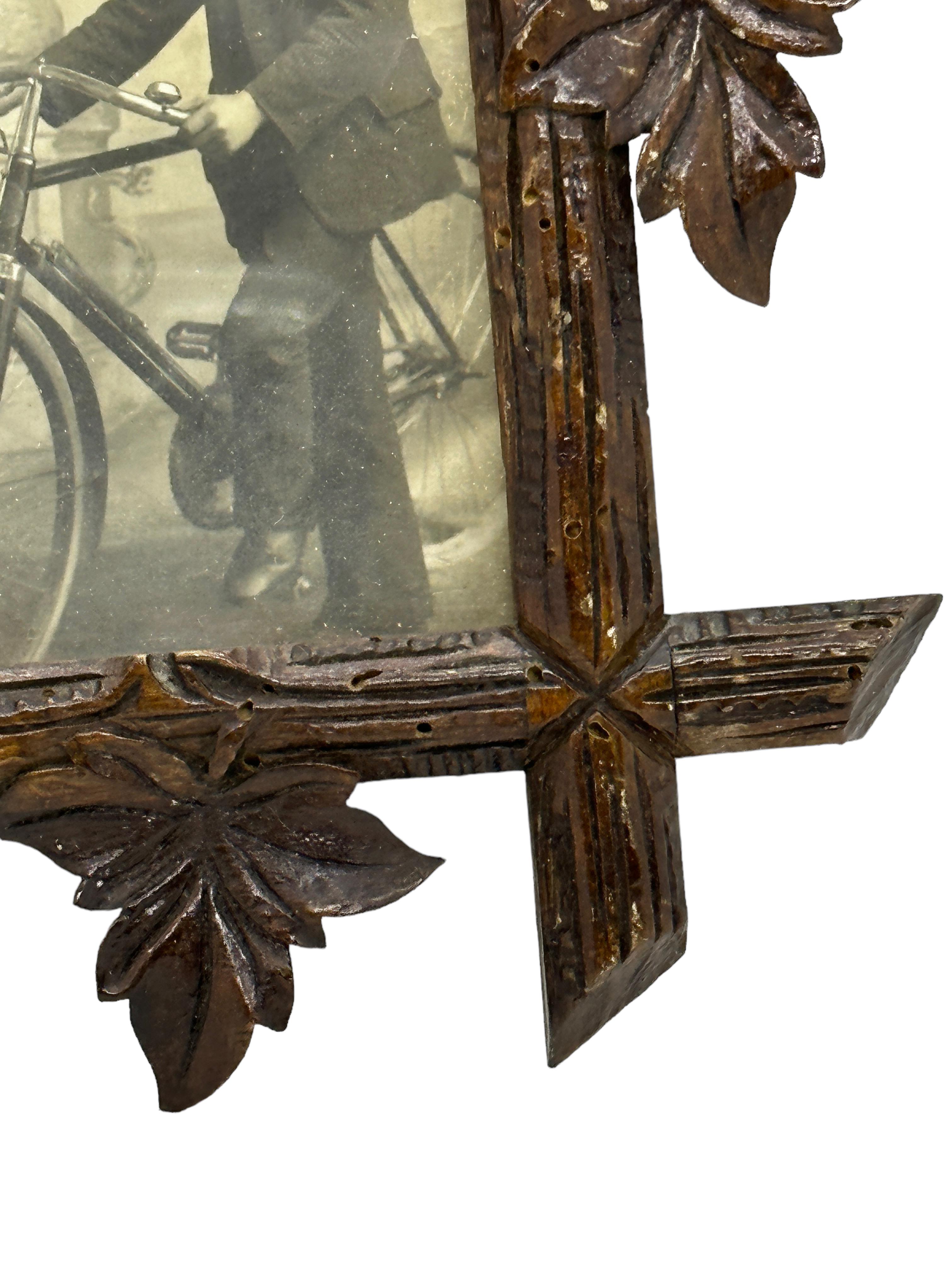 Glass Beautiful Black Forest Frame Antique Folk Art with Cyclist Picture Photo, 1900s 