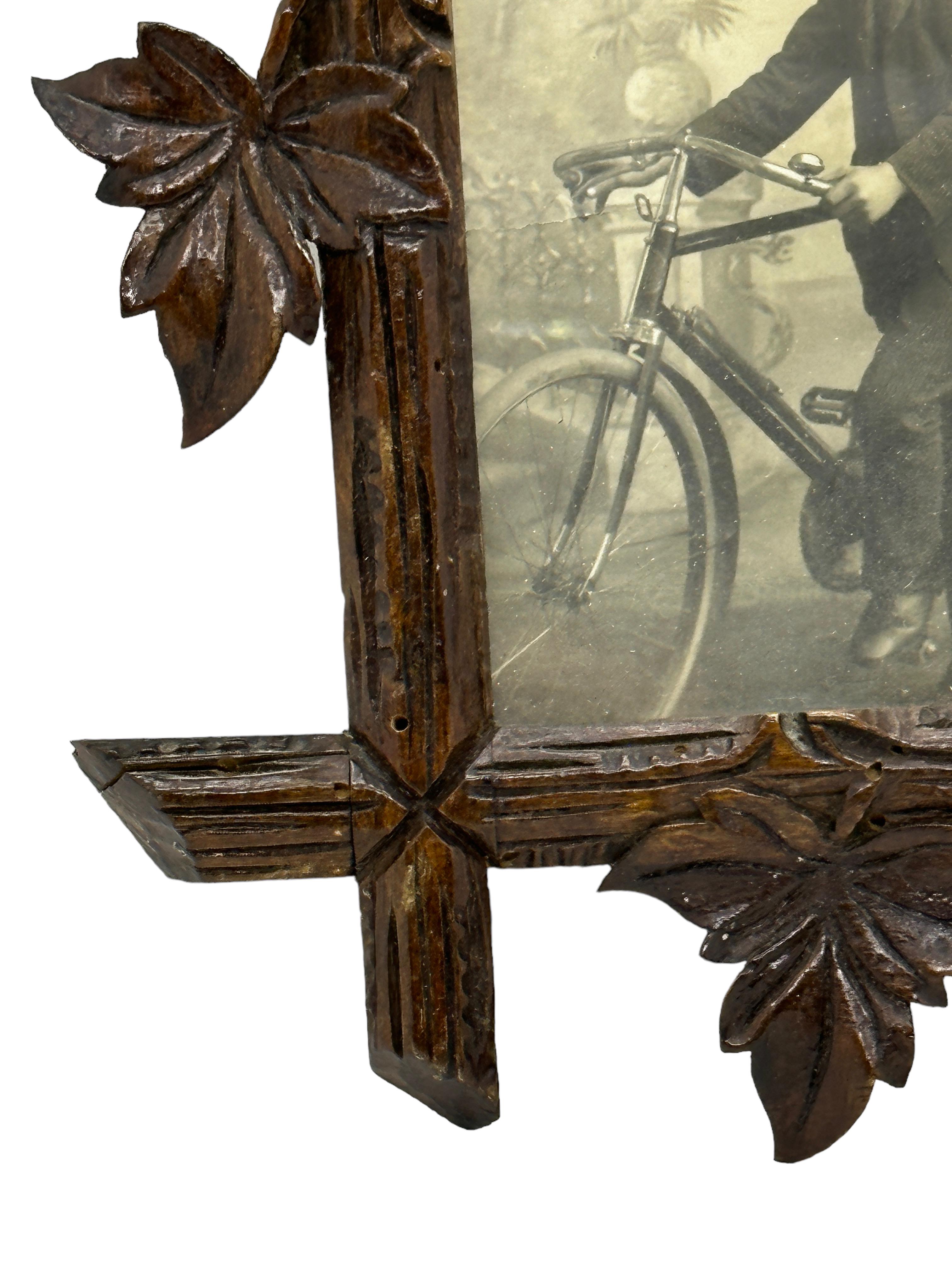 Beautiful Black Forest Frame Antique Folk Art with Cyclist Picture Photo, 1900s  1