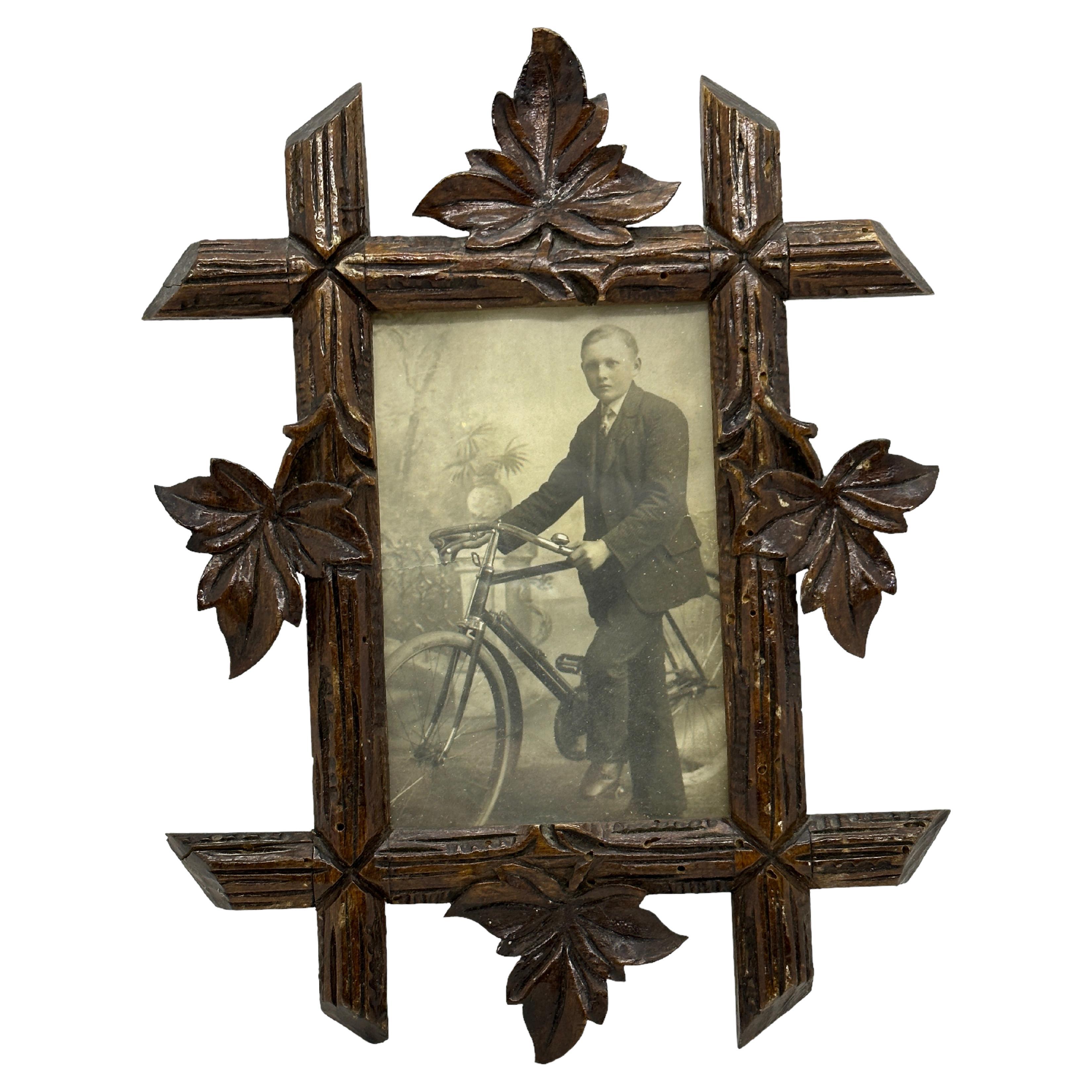 Beautiful Black Forest Frame Antique Folk Art with Cyclist Picture Photo, 1900s 