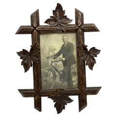 Beautiful Black Forest Frame Antique Folk Art with Cyclist Picture Photo, 1900s