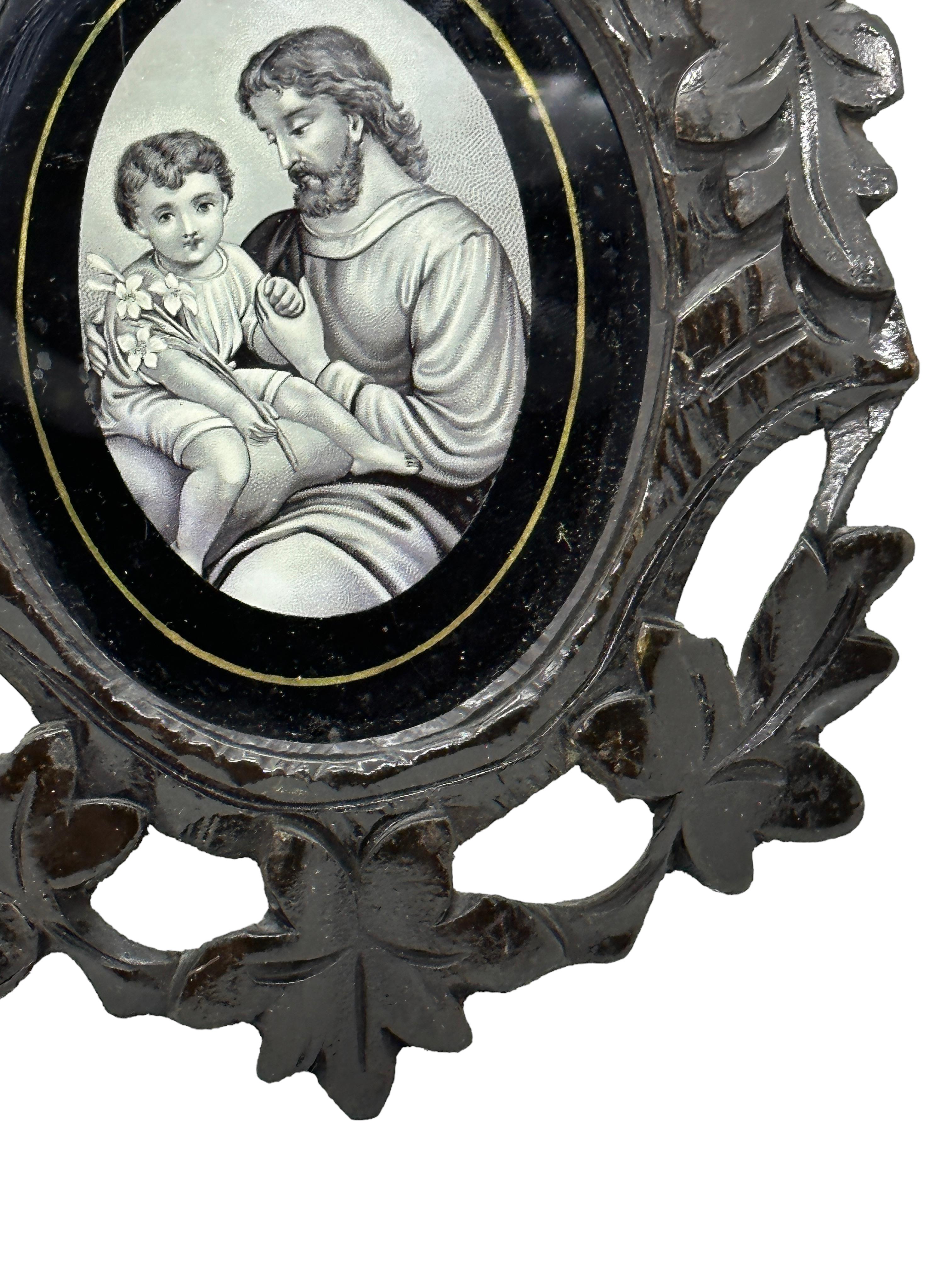German Beautiful Black Forest Frame Antique Folk Art with Jesus Child Picture, 1890s For Sale