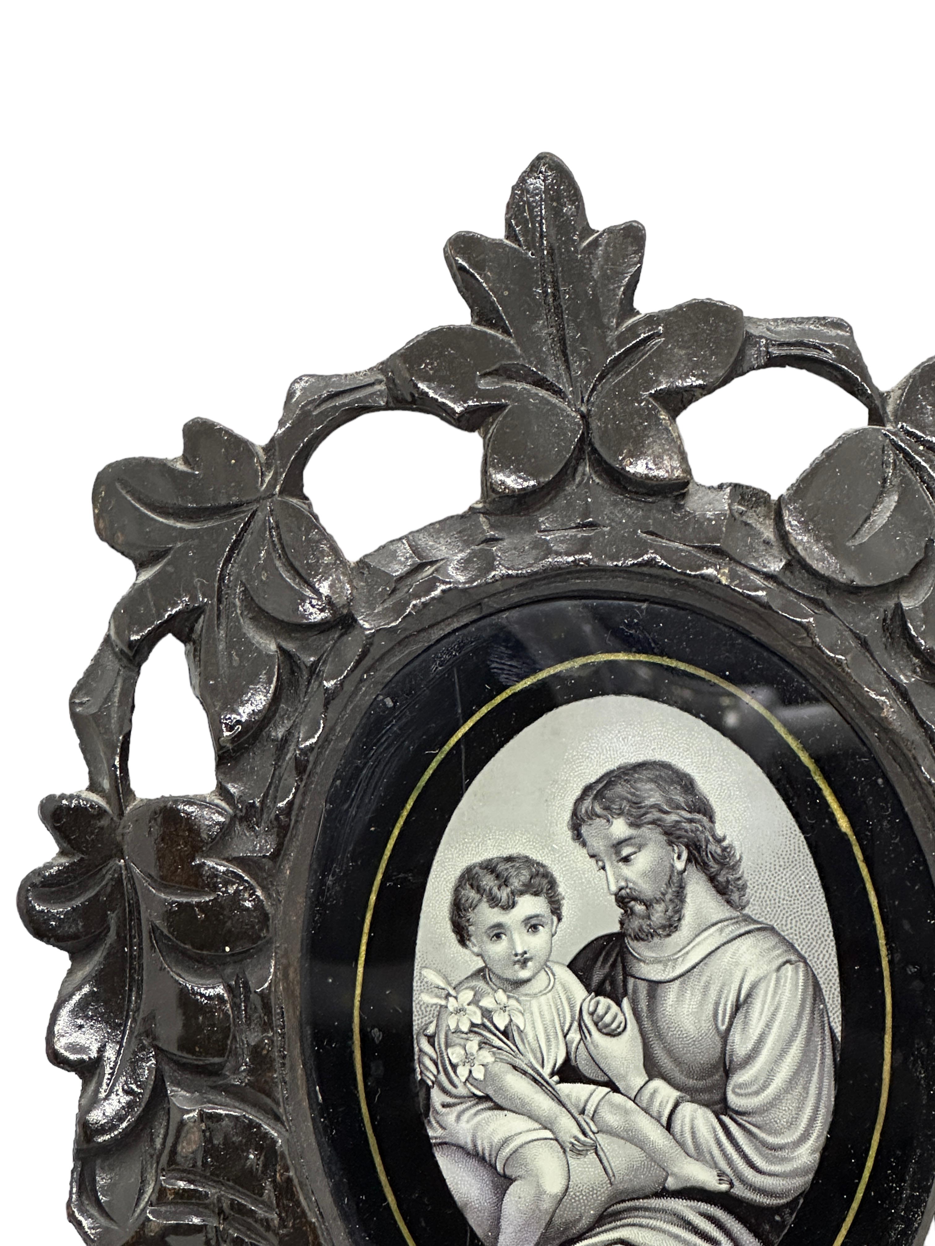 Late 19th Century Beautiful Black Forest Frame Antique Folk Art with Jesus Child Picture, 1890s For Sale