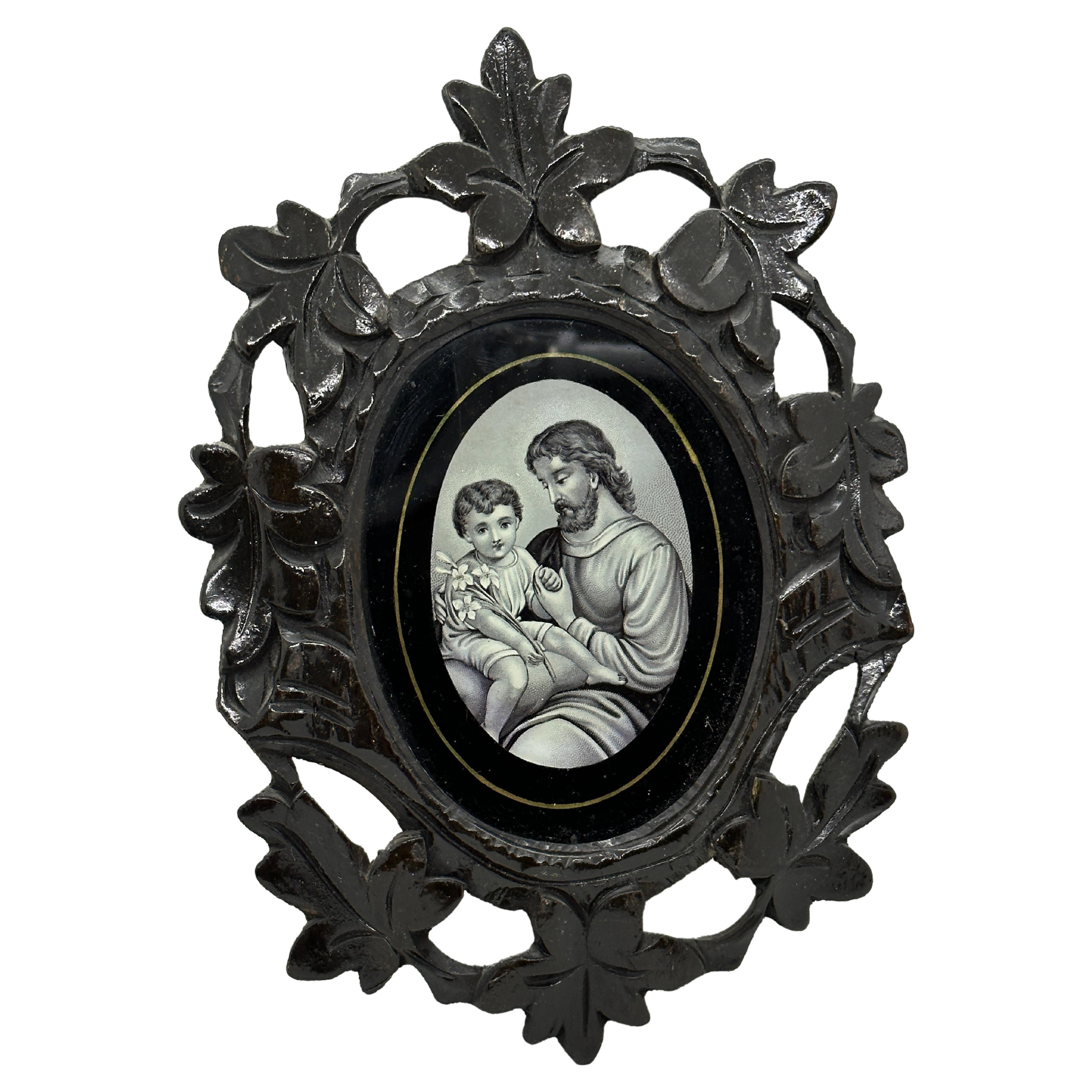 Beautiful Black Forest Frame Antique Folk Art with Jesus Child Picture, 1890s For Sale
