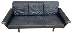 Beautiful Black Leather Low Danish Modern Couch Sofa Rosewood Legs