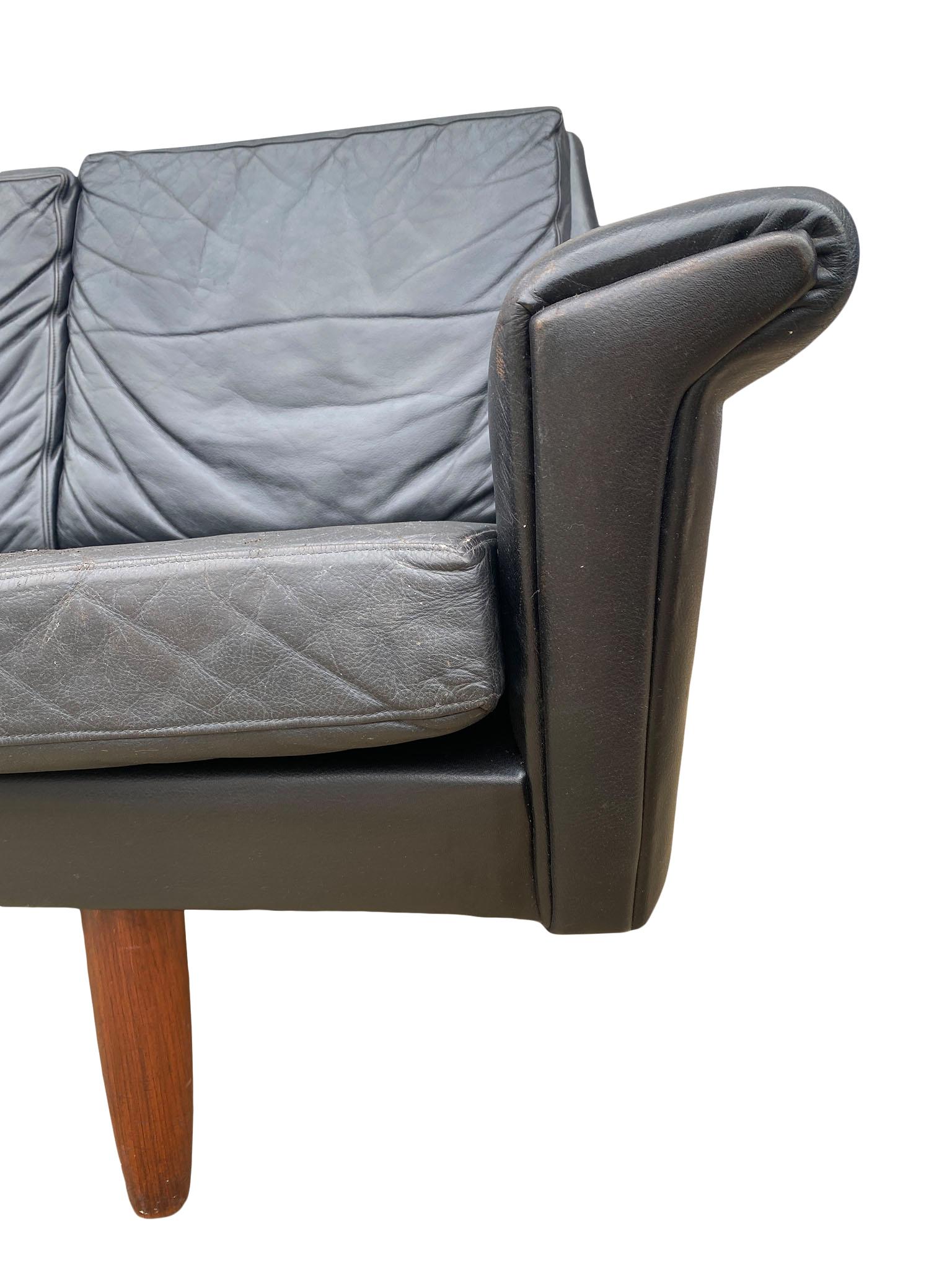 Mid-Century Modern Beautiful Black Leather Low Danish Modern Couch Sofa Rosewood Legs