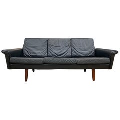 Beautiful Black Leather Low Danish Modern Couch Sofa Rosewood Legs