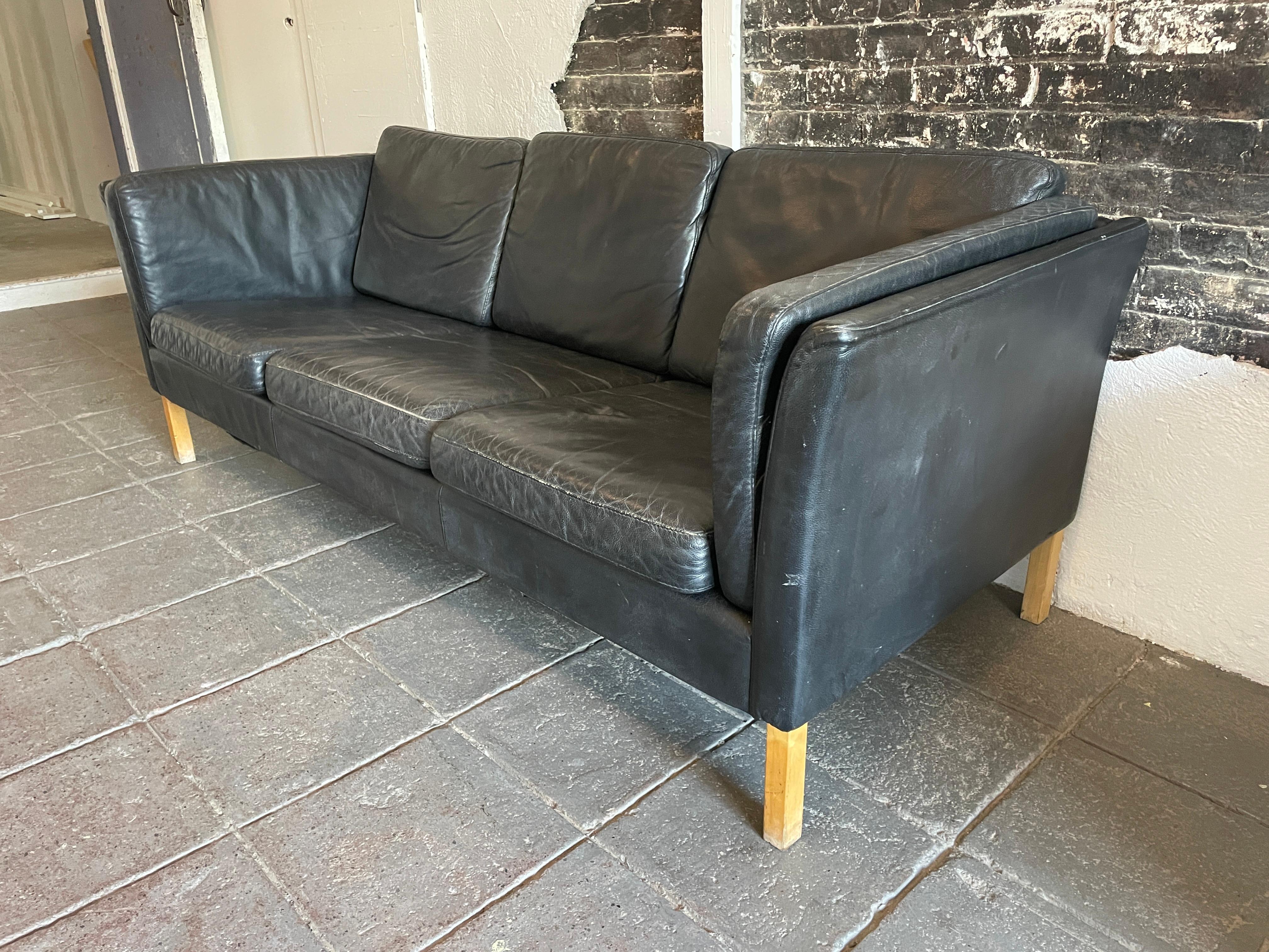 Mid-Century Modern Beautiful Black Leather Swedish Modern Couch Sofa maple Legs