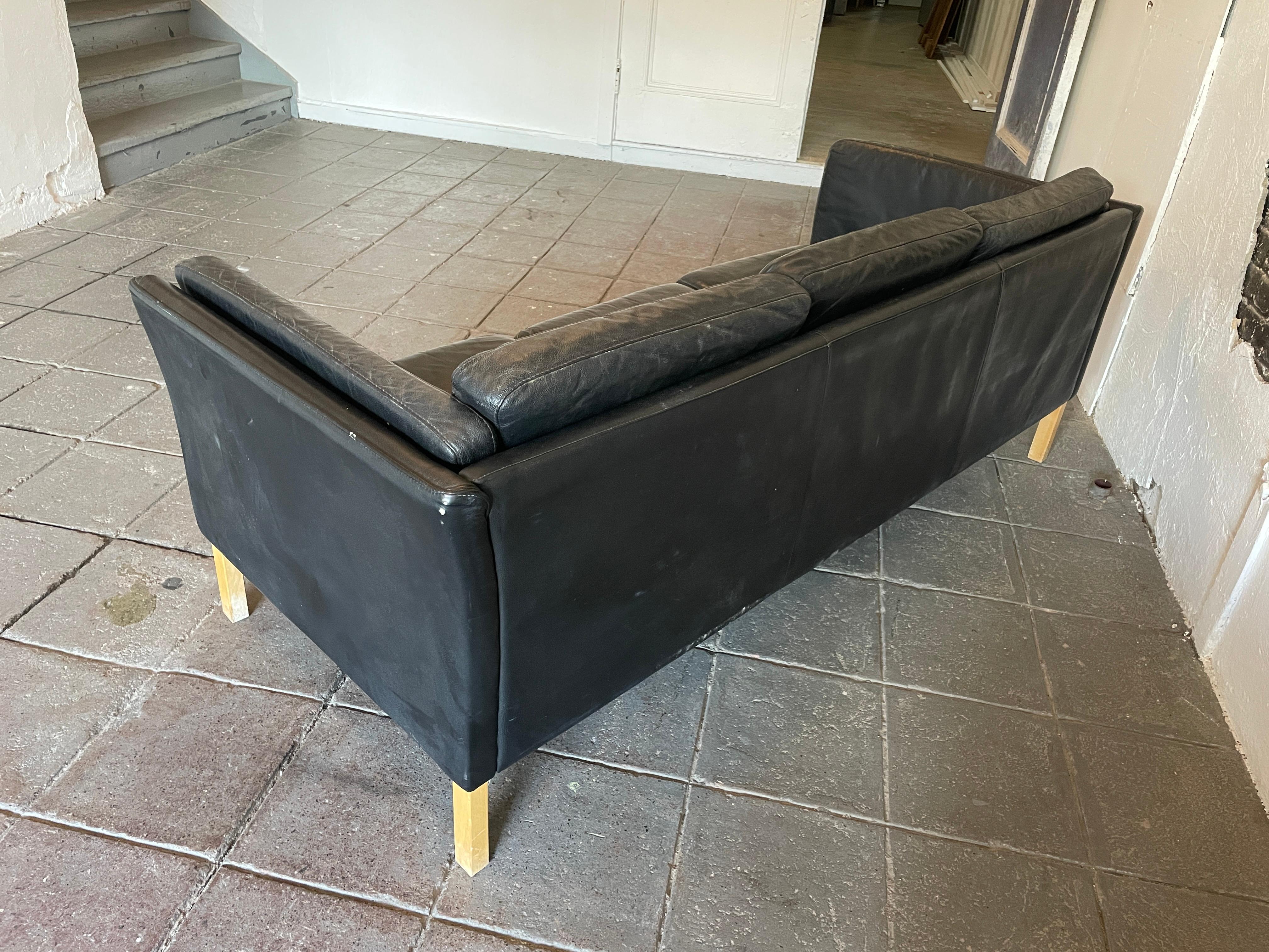 Mid-20th Century Beautiful Black Leather Swedish Modern Couch Sofa maple Legs