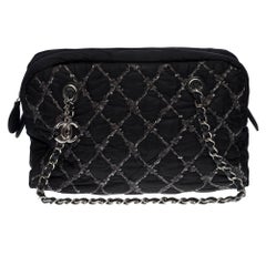 Beautiful black quilted nylon shoulder bag with grey tweed stitching, SHW