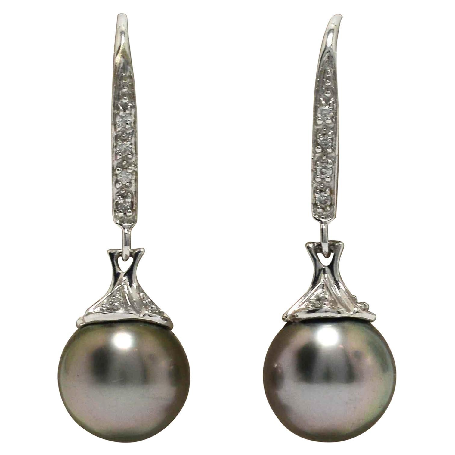 Beautiful Black Tahitian Pearl Drop Earrings Diamond Dangles White Gold Estate