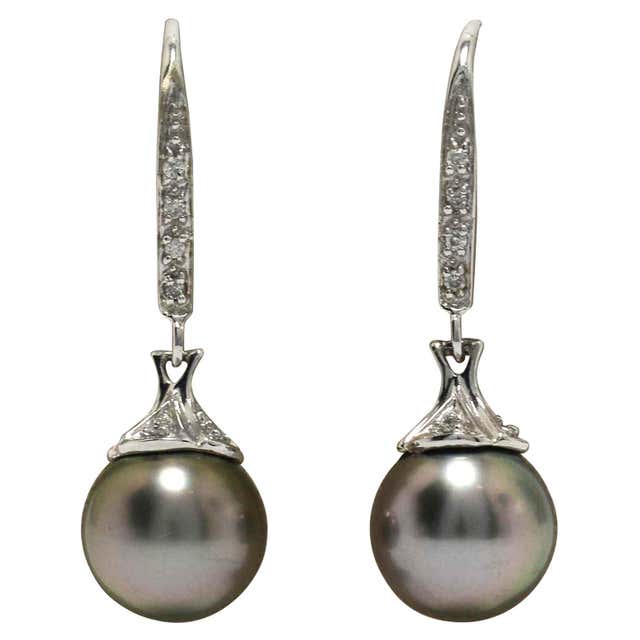 Beautiful Black Tahitian Pearl Drop Earrings Diamond Dangles White Gold ...