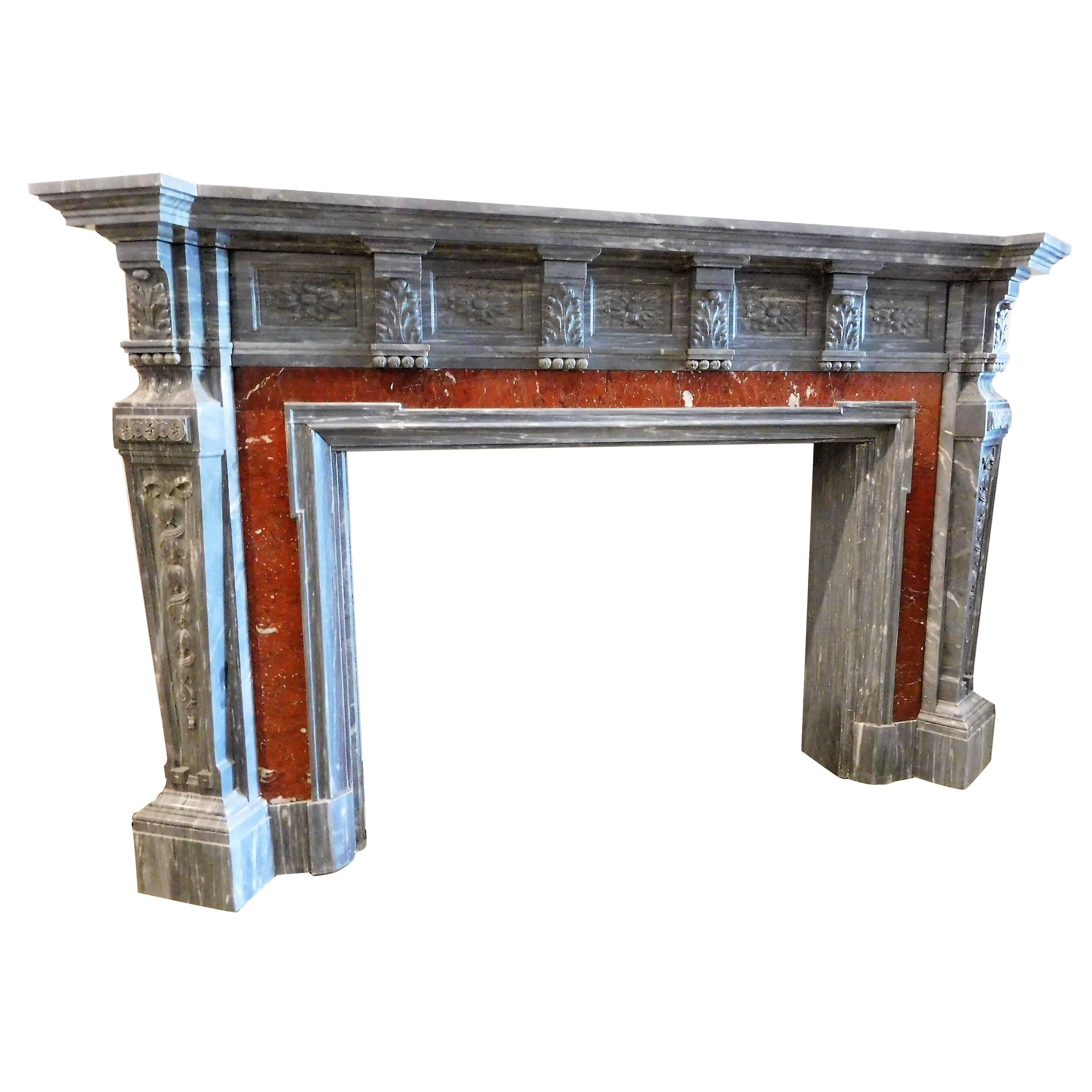 BLEU TURQUIN Fireplace with Red Marble Napoléon III For Sale