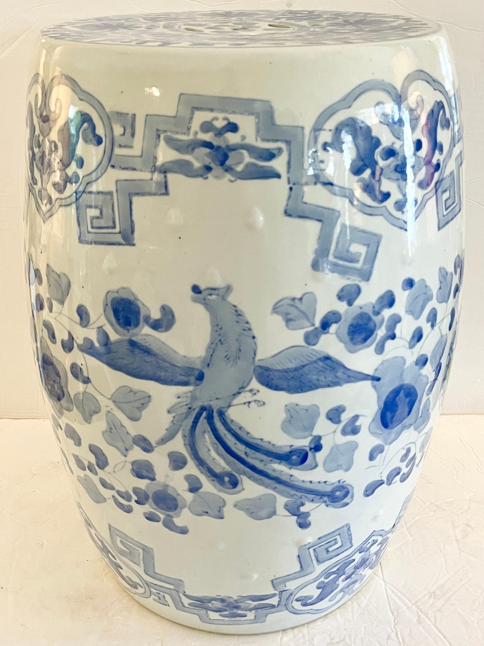 Beautiful blue and white ceramic garden seat with drawings. Great addition to your interiors and patio to hold your drinks and snacks.