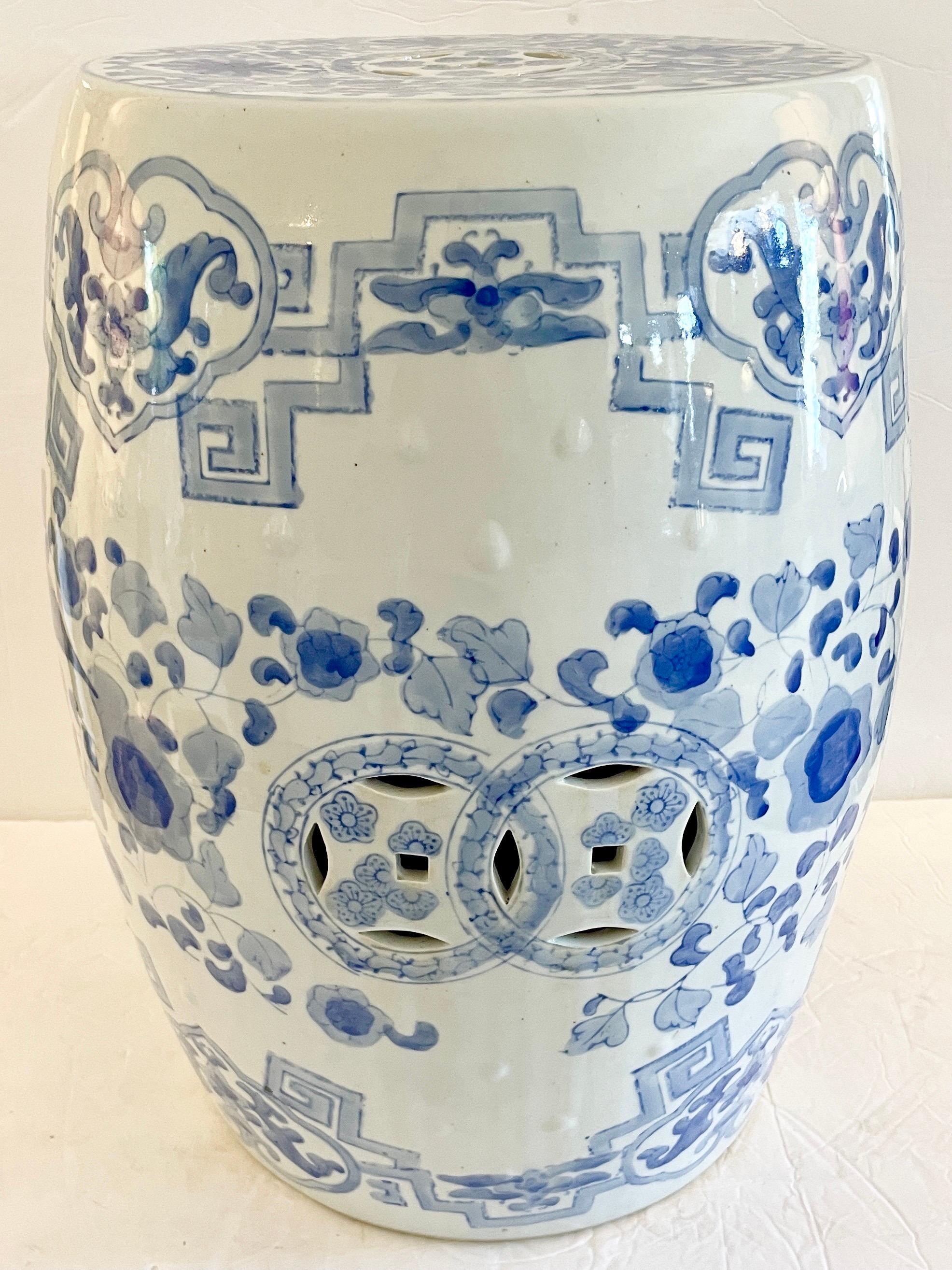 Chinoiserie Beautiful Blue and White Ceramic Garden Seat with Drawings, Great Addition to Yo For Sale