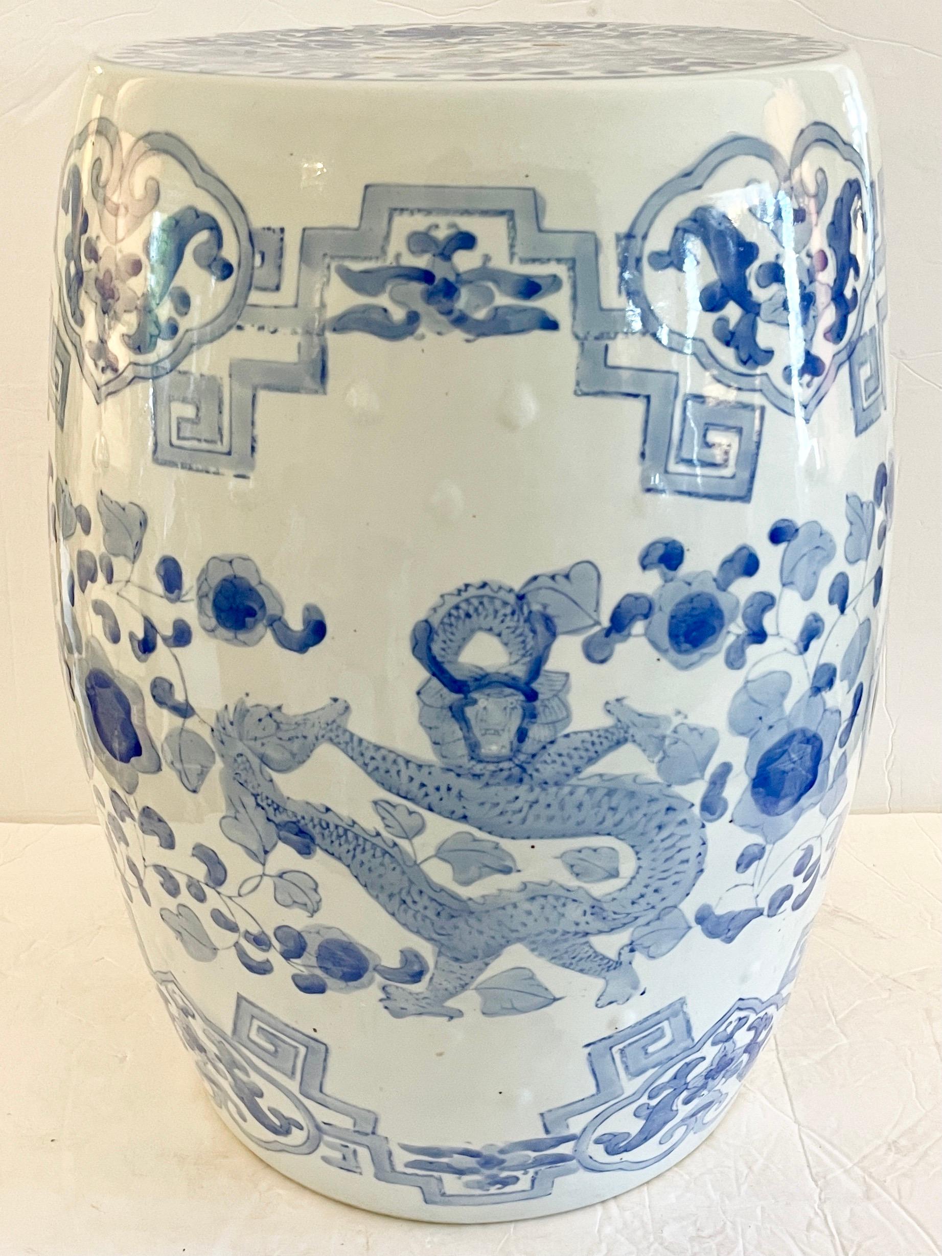 Beautiful Blue and White Ceramic Garden Seat with Drawings, Great Addition to Yo In Good Condition For Sale In Los Angeles, CA